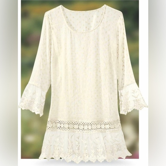 The Pyramid Collection Tops - Sheer EMBROIDERED EYELET CREAM OVERSIZED TUNIC W/ LACE TRIM CUFFS & BOTTOM SZ XL